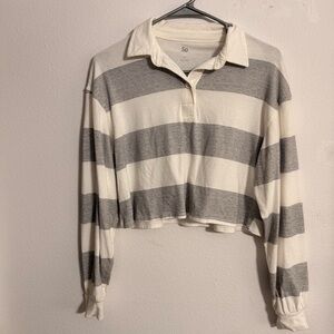 Striped Gray and White Cropped Polo Shirt